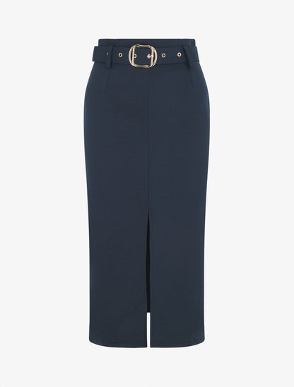 Jupe droite mi-longue unie - Marine - 4