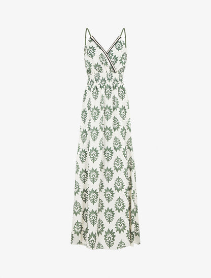 Robe longue à taille élastiquée imprimé floral - Kaki - 4
