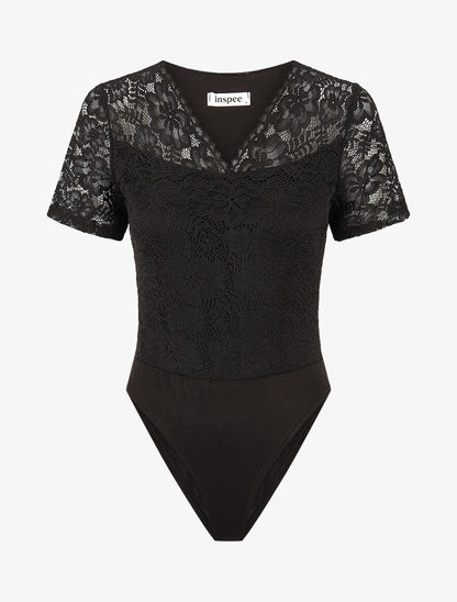 Body en dentelle manches courtes - Noir - 1