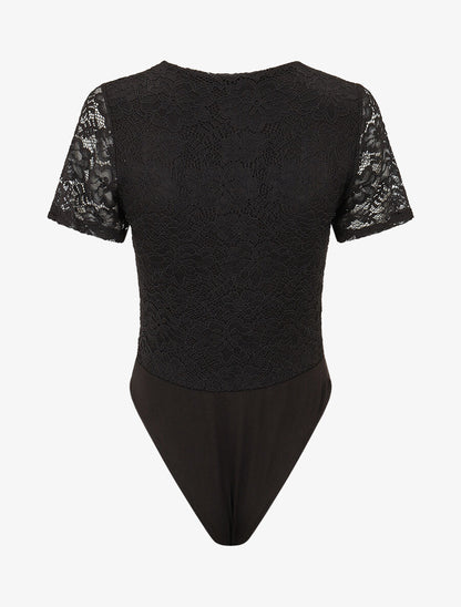 Body en dentelle manches courtes - Noir - 2