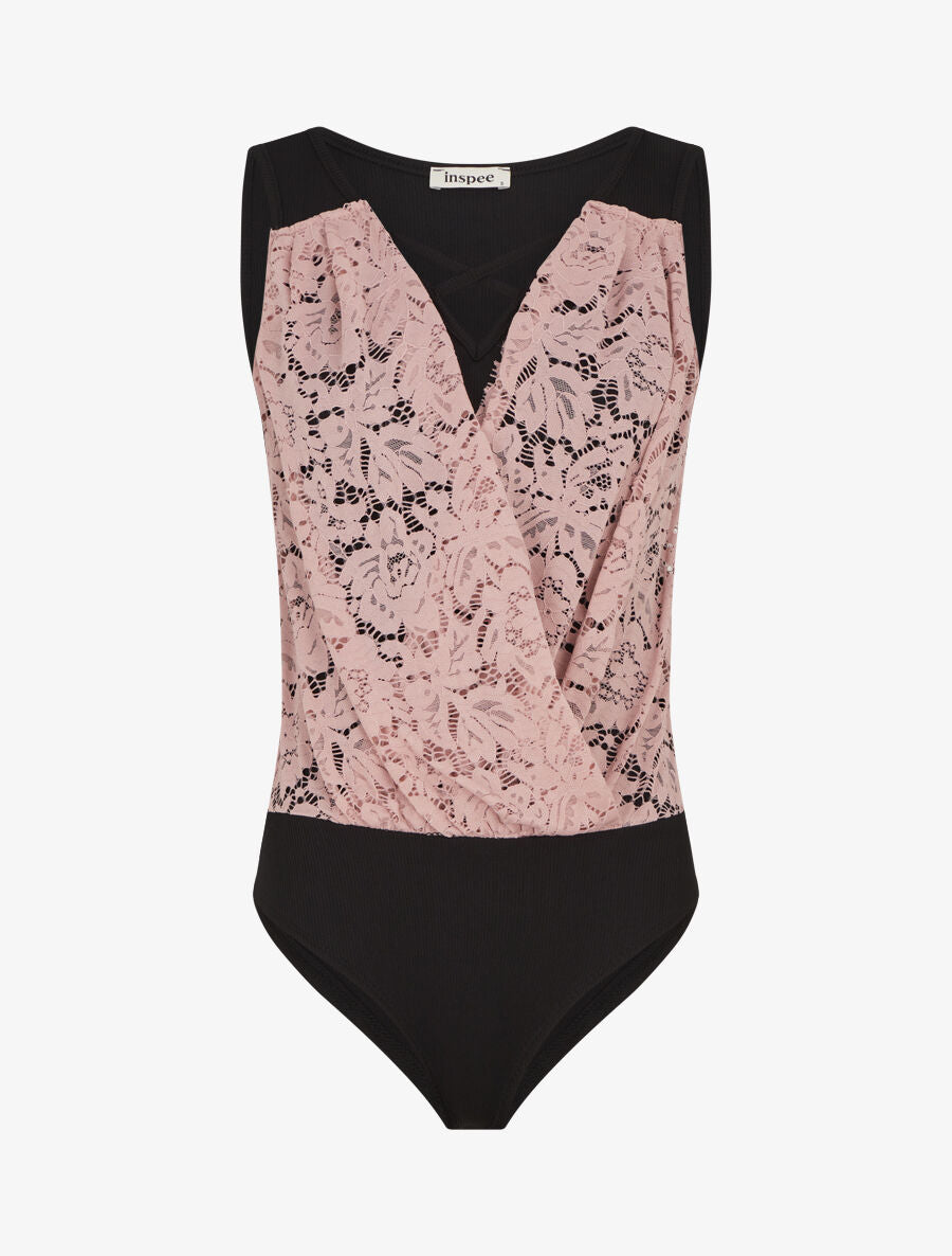 Body uni côtelé à dentelle - Rose - 4