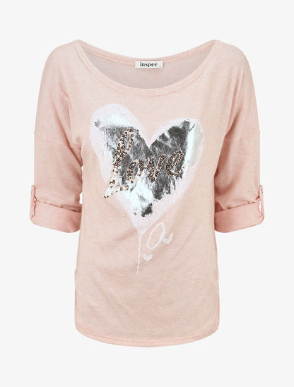 Pull à coeur irisé et sequins - Rose - 1