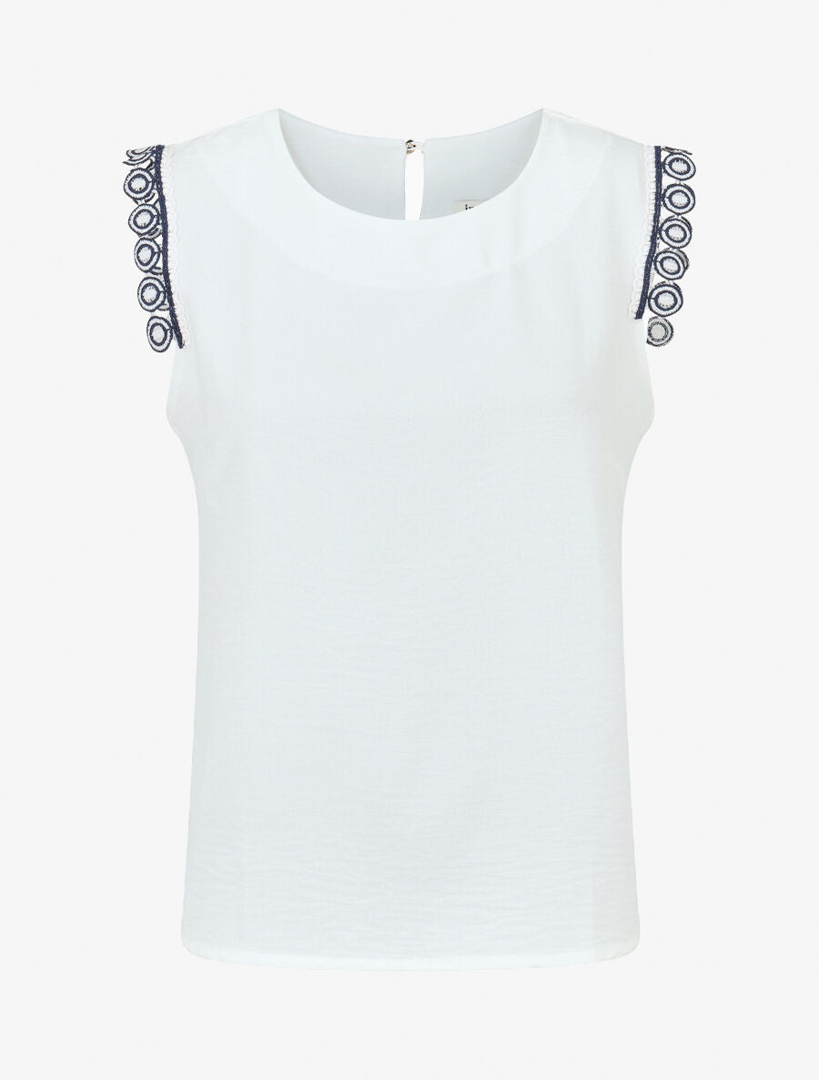 Top uni à détail broderies - Blanc - 1