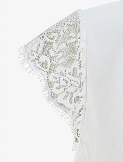 Top satiné à épaules en dentelle - Blanc - 3
