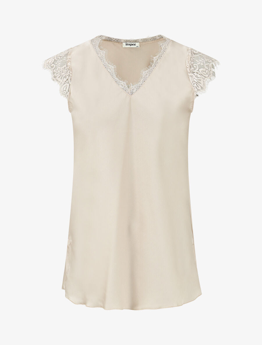 Top satiné à épaules en dentelle - Beige - 4