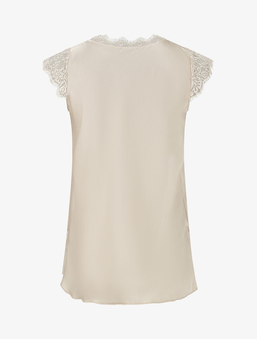 Top satiné à épaules en dentelle - Beige - 2