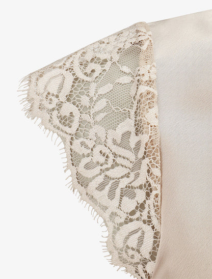 Top satiné à épaules en dentelle - Beige - 3