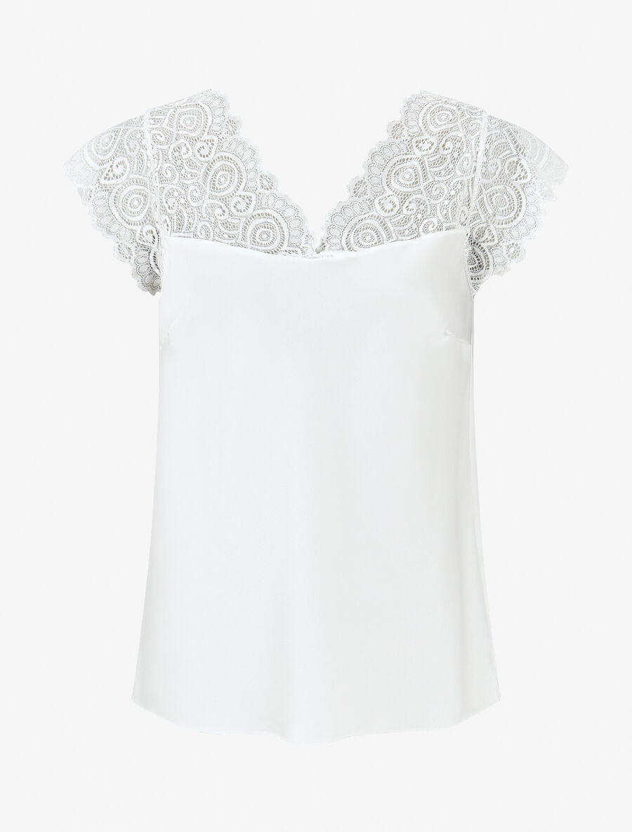 Top satiné à mancherons en dentelle - Blanc - 1