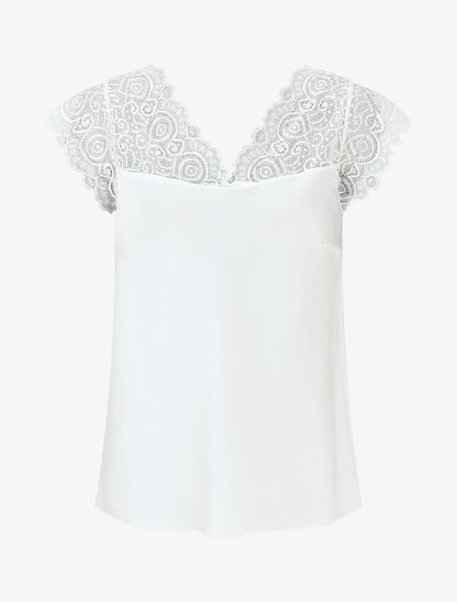 Top satiné à mancherons en dentelle - Blanc - 1