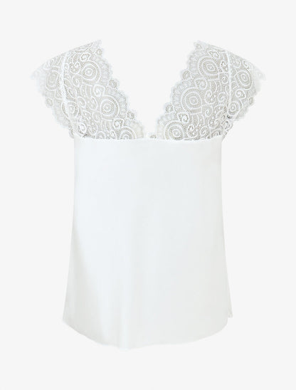 Top satiné à mancherons en dentelle - Blanc - 2