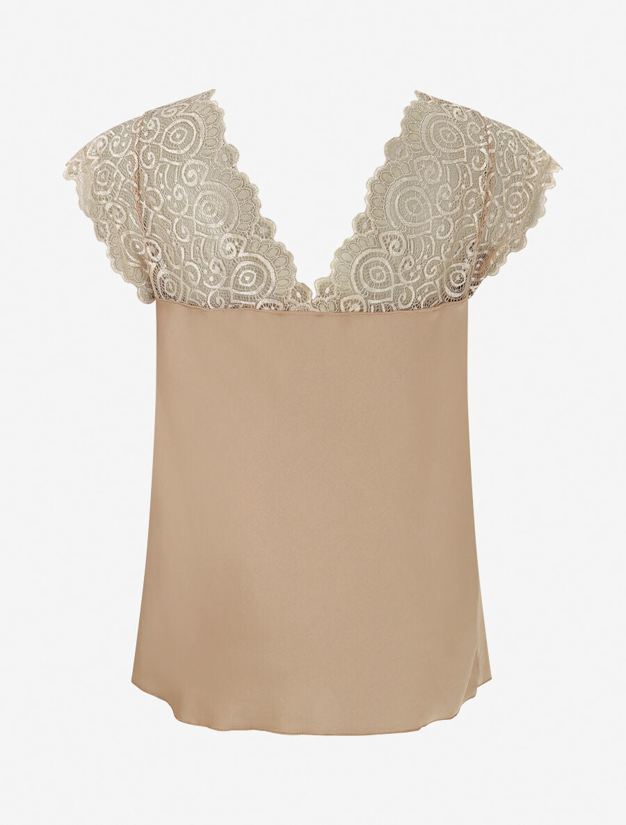 Top satiné à mancherons en dentelle - Beige - 2