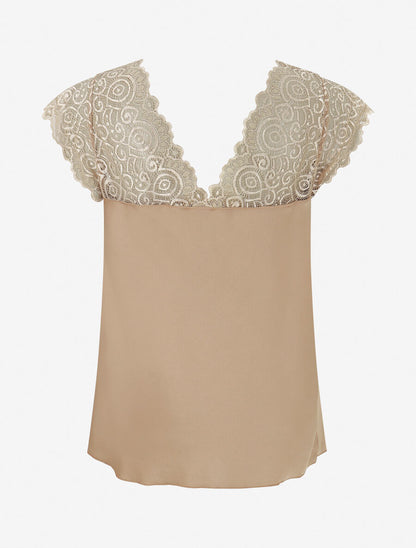Top satiné à mancherons en dentelle - Beige - 2