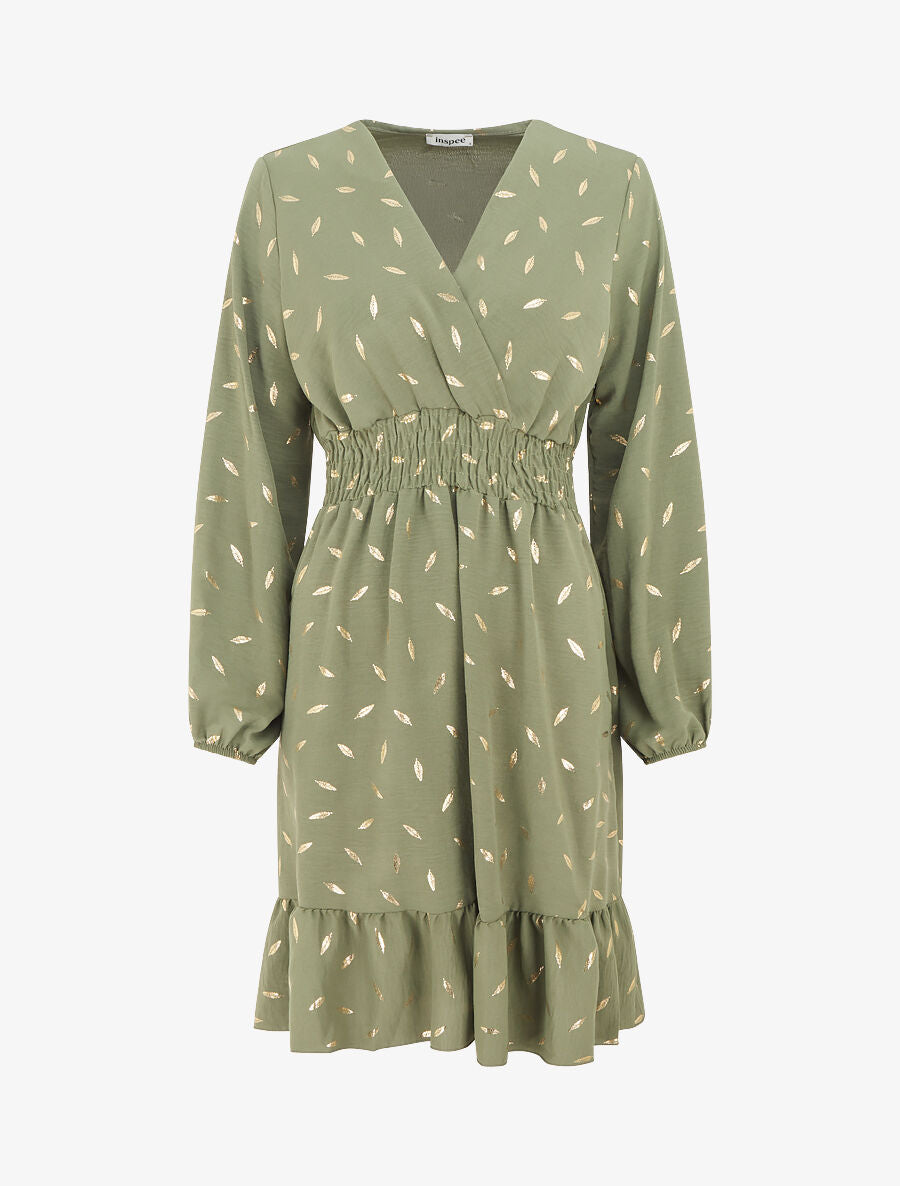 Robe élastiquée à flocage plumes irisées - Kaki - 1
