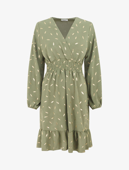 Robe élastiquée à flocage plumes irisées - Kaki - 1