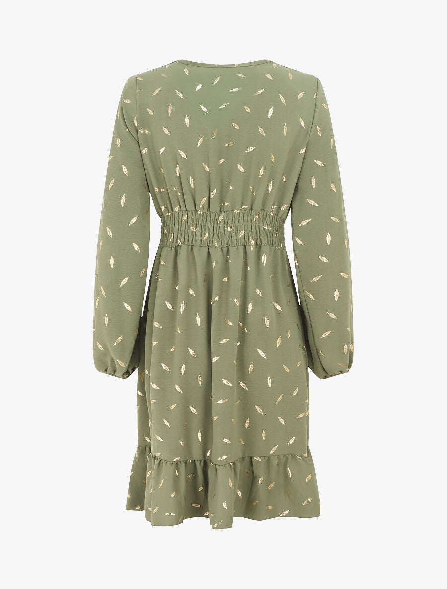 Robe élastiquée à flocage plumes irisées - Kaki - 2