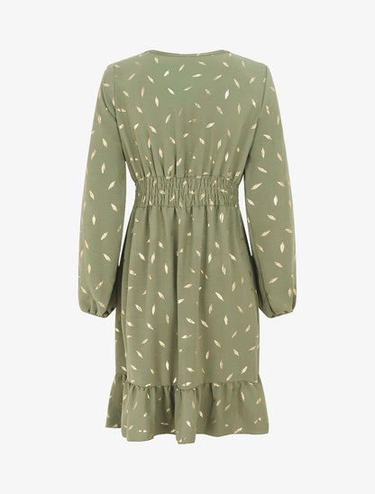 Robe élastiquée à flocage plumes irisées - Kaki - 2
