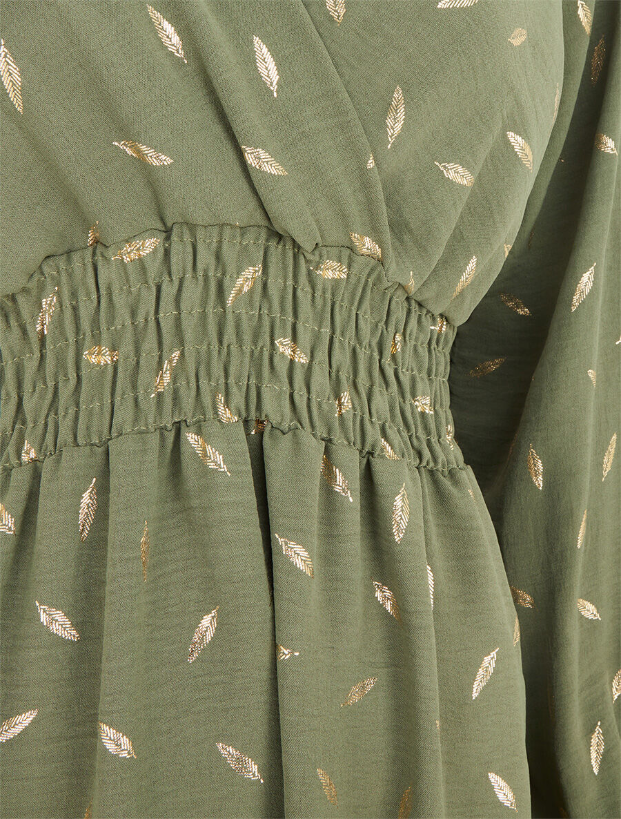 Robe élastiquée à flocage plumes irisées - Kaki - 3