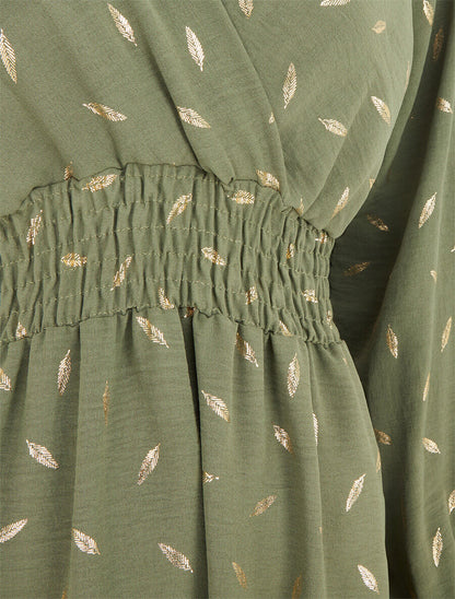 Robe élastiquée à flocage plumes irisées - Kaki - 3