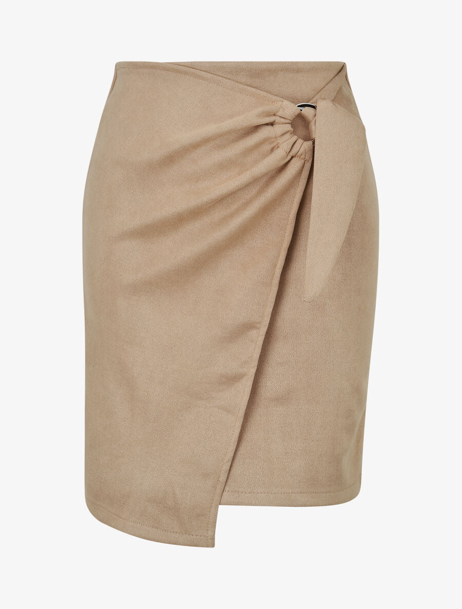 Jupe courte en suédine syle portefeuille - Beige - 1