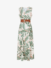 Robe longue élastiquée imprimé feuillage - Kaki - 1
