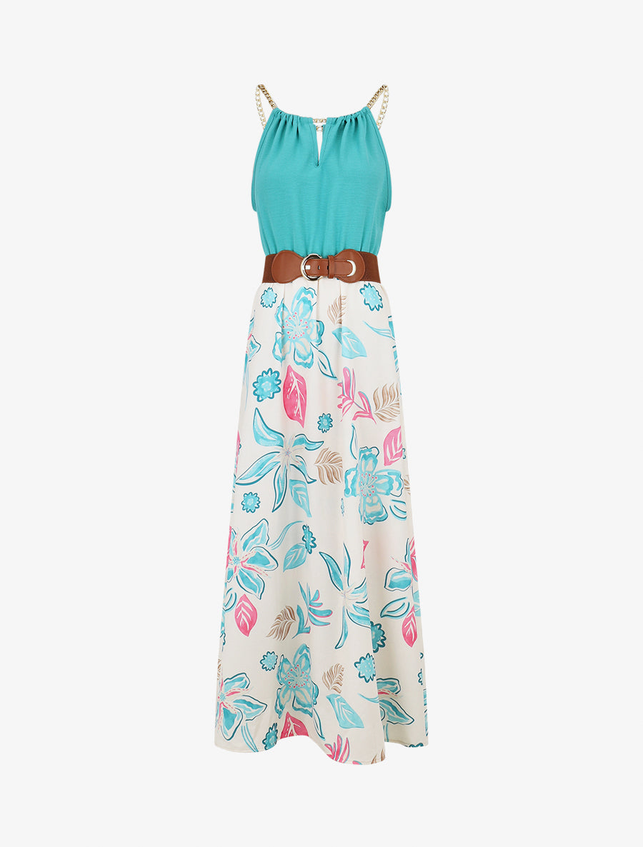 Robe imprimé fleuri à bretelles en chaîne - Turquoise - 1