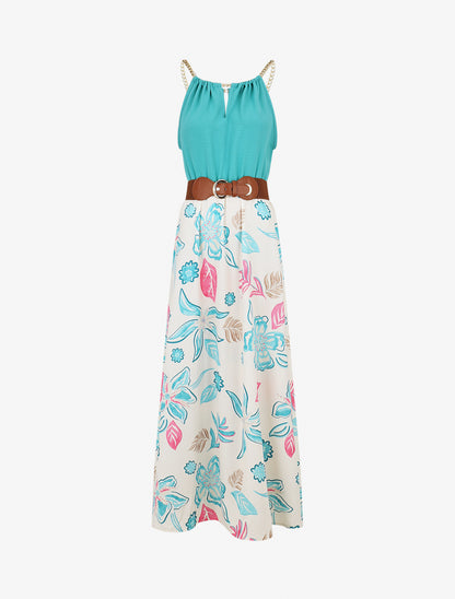 Robe imprimé fleuri à bretelles en chaîne - Turquoise - 1