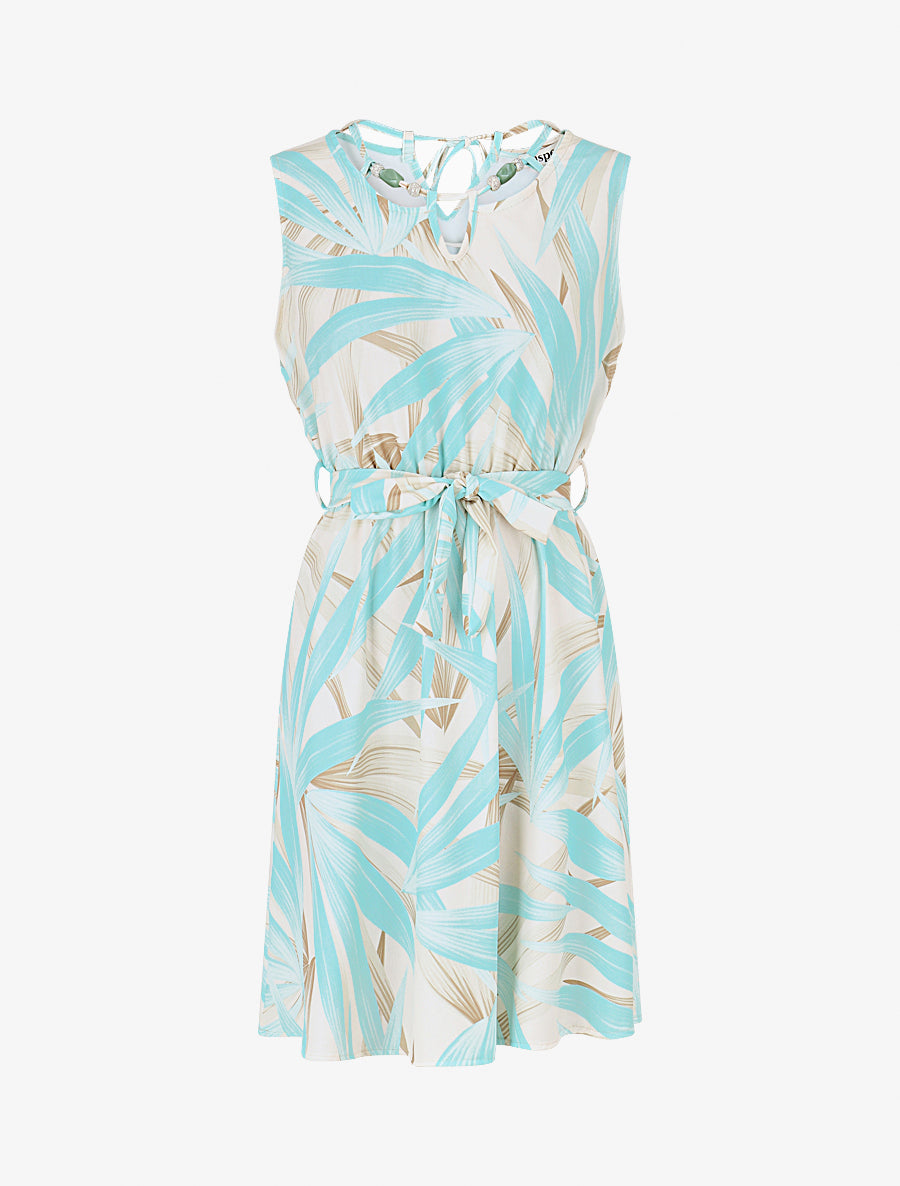 Robe mi-longue à col à perles et imprimé tropical - Turquoise - 1