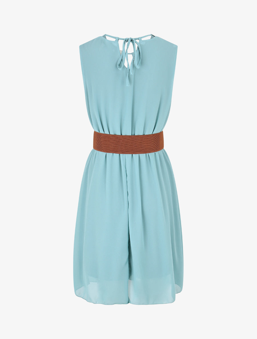 Robe mi-longue unie à col à perles - Turquoise - 2