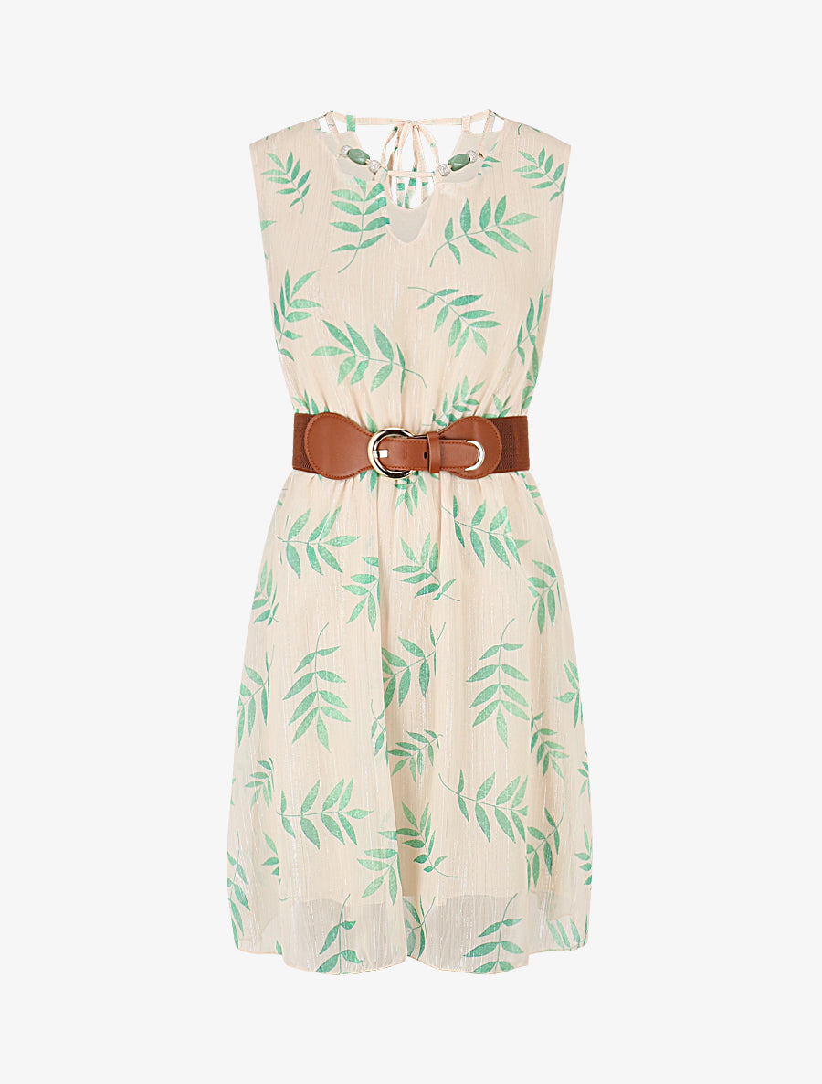 Robe irisée à col à perles et imprimé feuilles - Vert/beige - 1