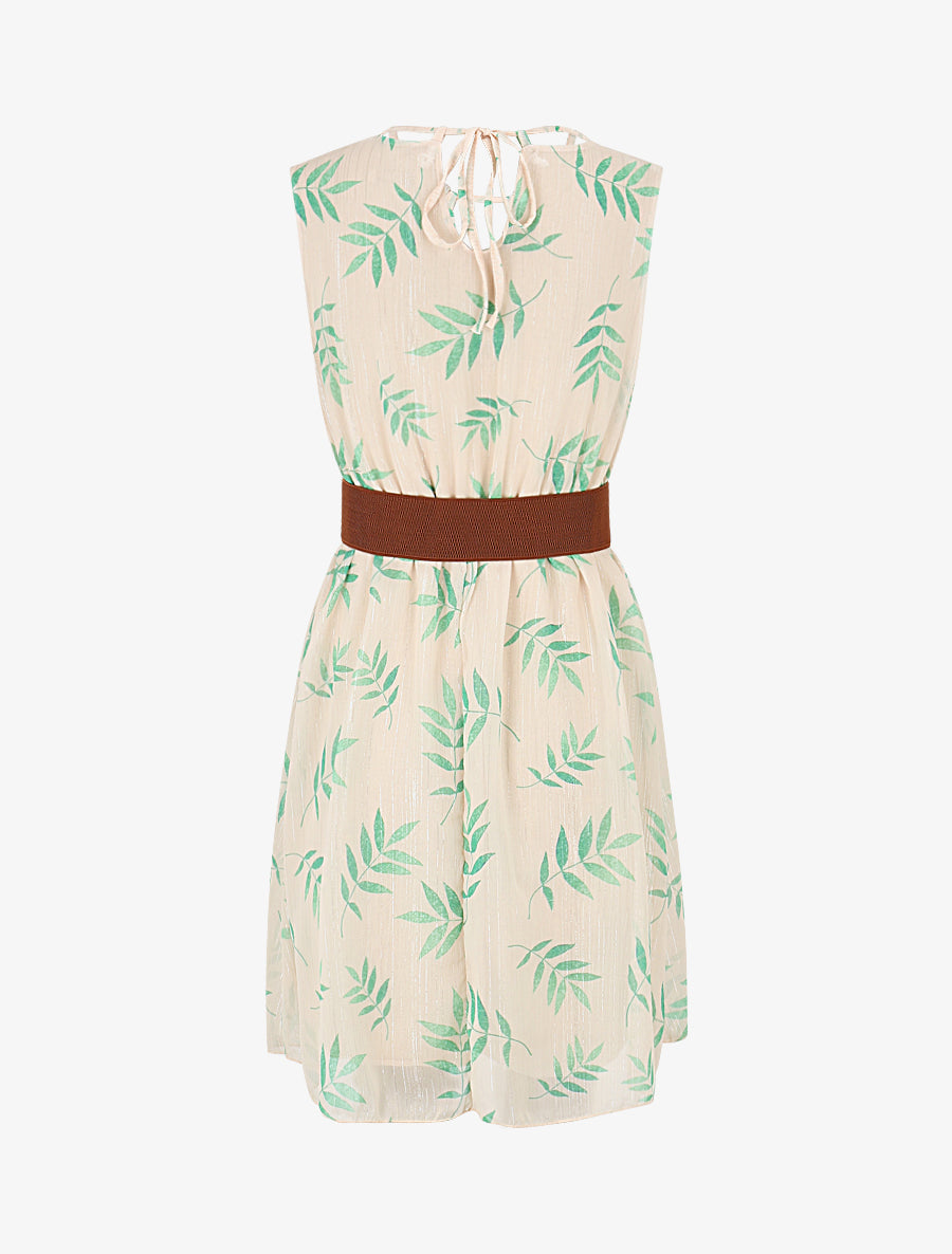 Robe irisée à col à perles et imprimé feuilles - Vert/beige - 2