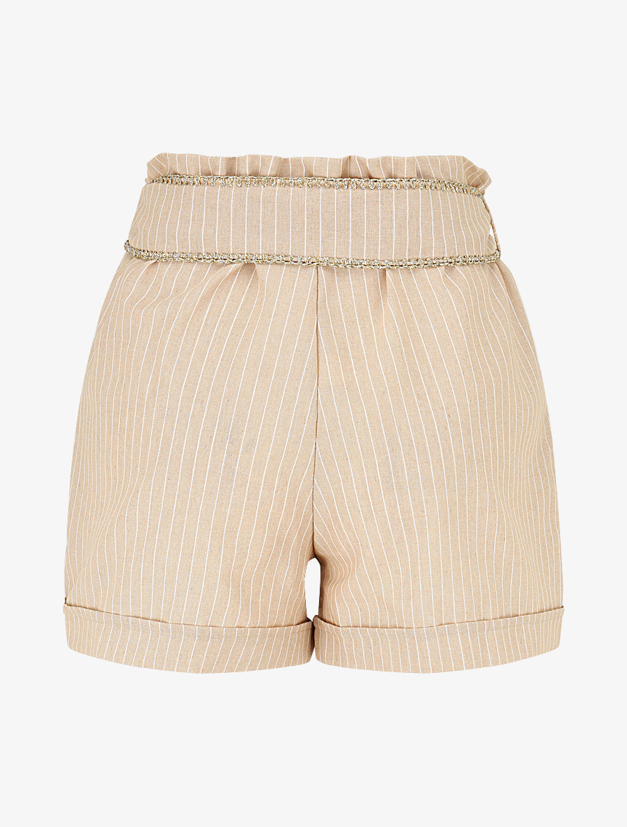 Short fluide à rayures et ceinture fantaisie - Beige - 2