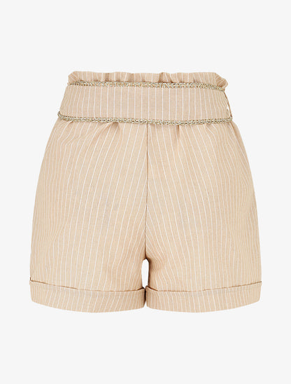 Short fluide à rayures et ceinture fantaisie - Beige - 2
