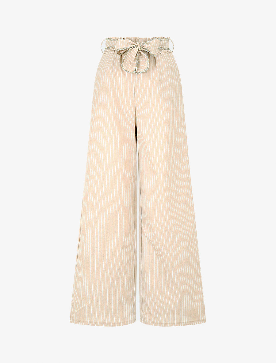 Pantalon ample à rayures et ceinture fantaisie - Beige - 1