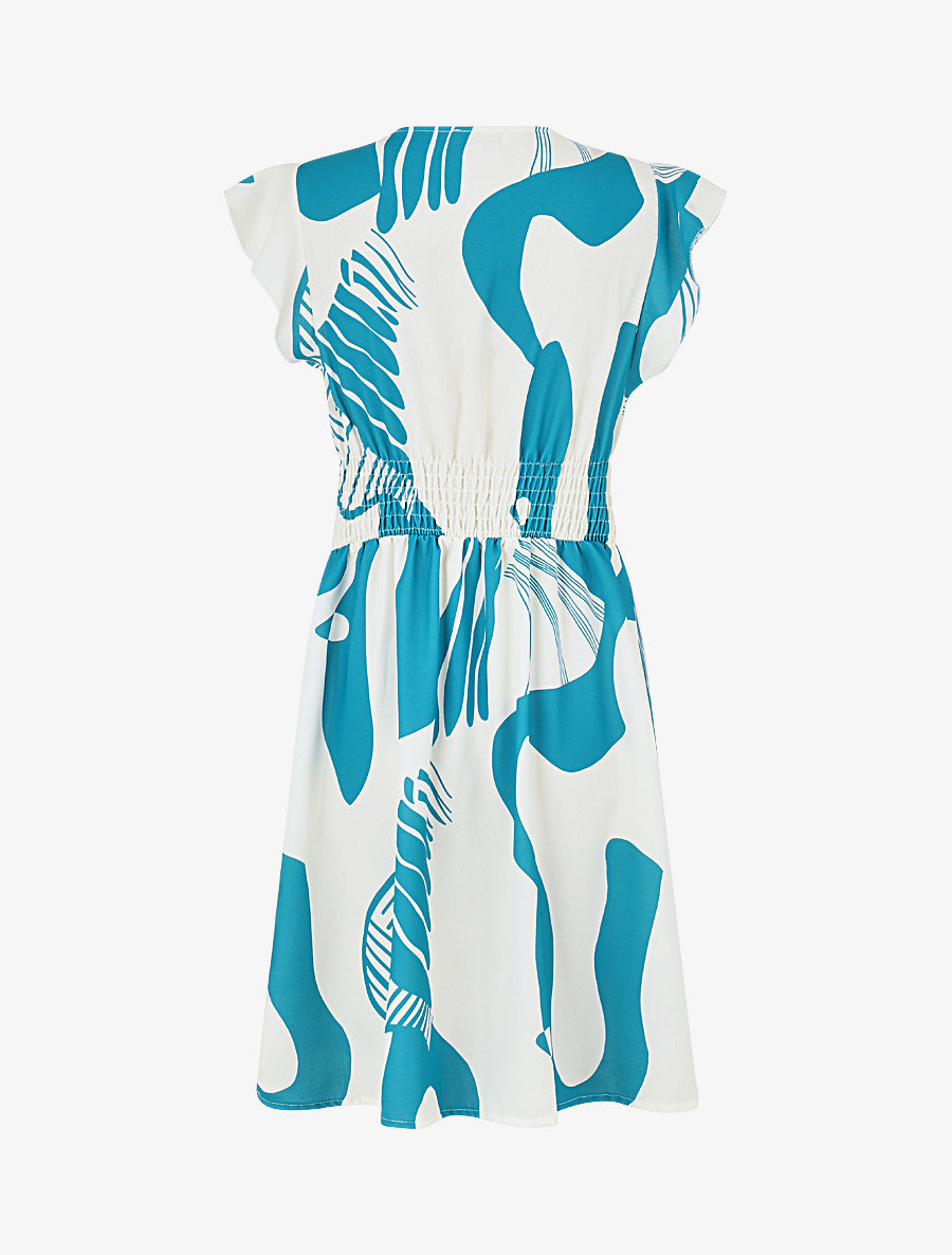 Robe élastiquée à manches volantées - Turquoise - 2