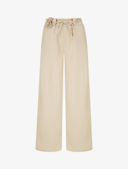 Pantalon droit taille haute à ceinture fleurie - Beige - 1
