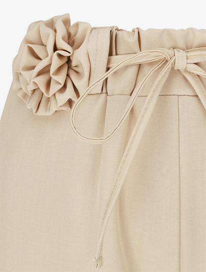 Pantalon droit taille haute à ceinture fleurie - Beige - 3