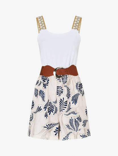 Combishort élastiqué à bretelles brodées - Marine - 1