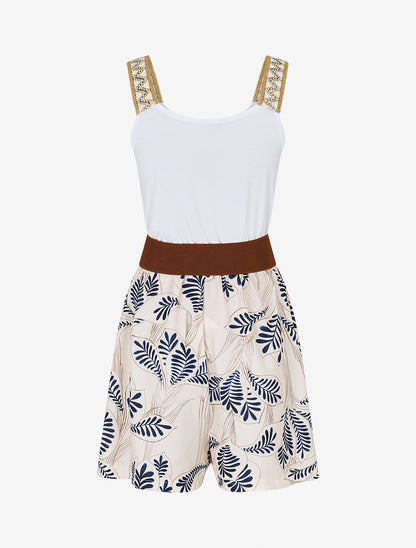 Combishort élastiqué à bretelles brodées - Marine - 2