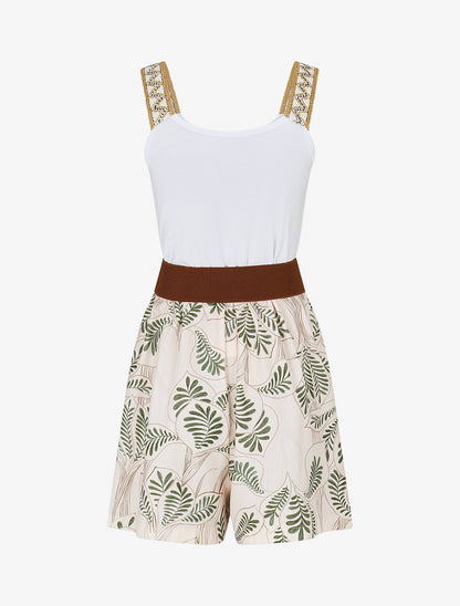 Combishort élastiqué à bretelles brodées - Kaki - 2