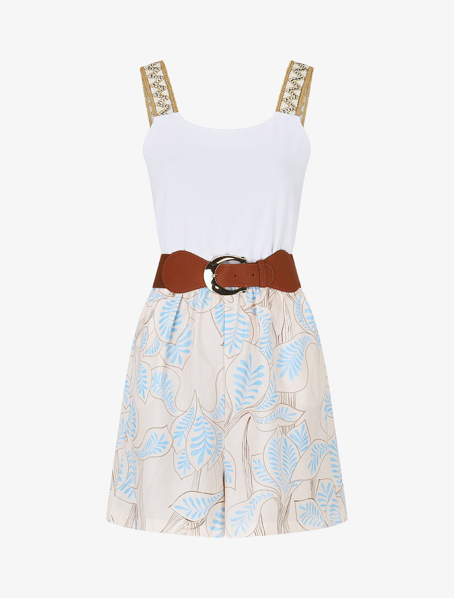 Combishort élastiqué à bretelles brodées - Bleu ciel - 1