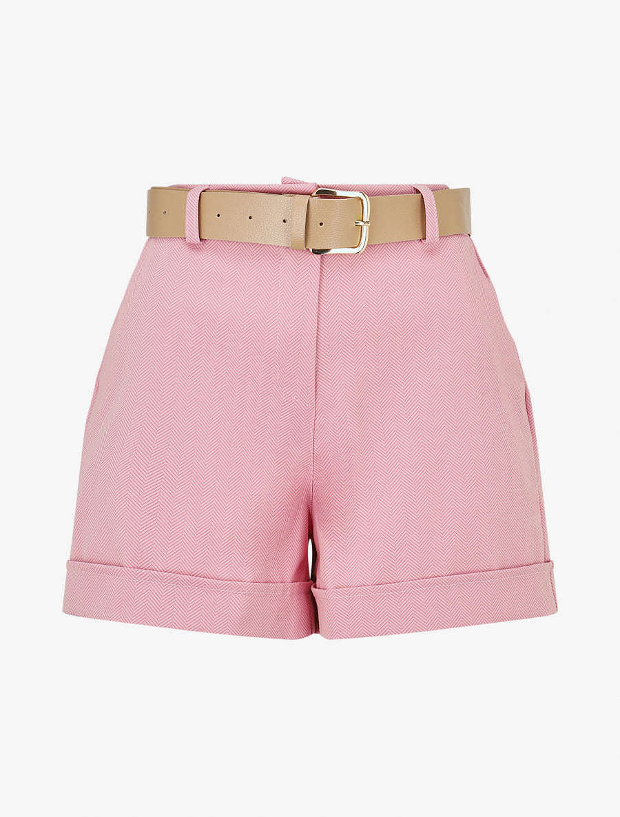 Short ceinturé à imprimé chevron - Rose - 1