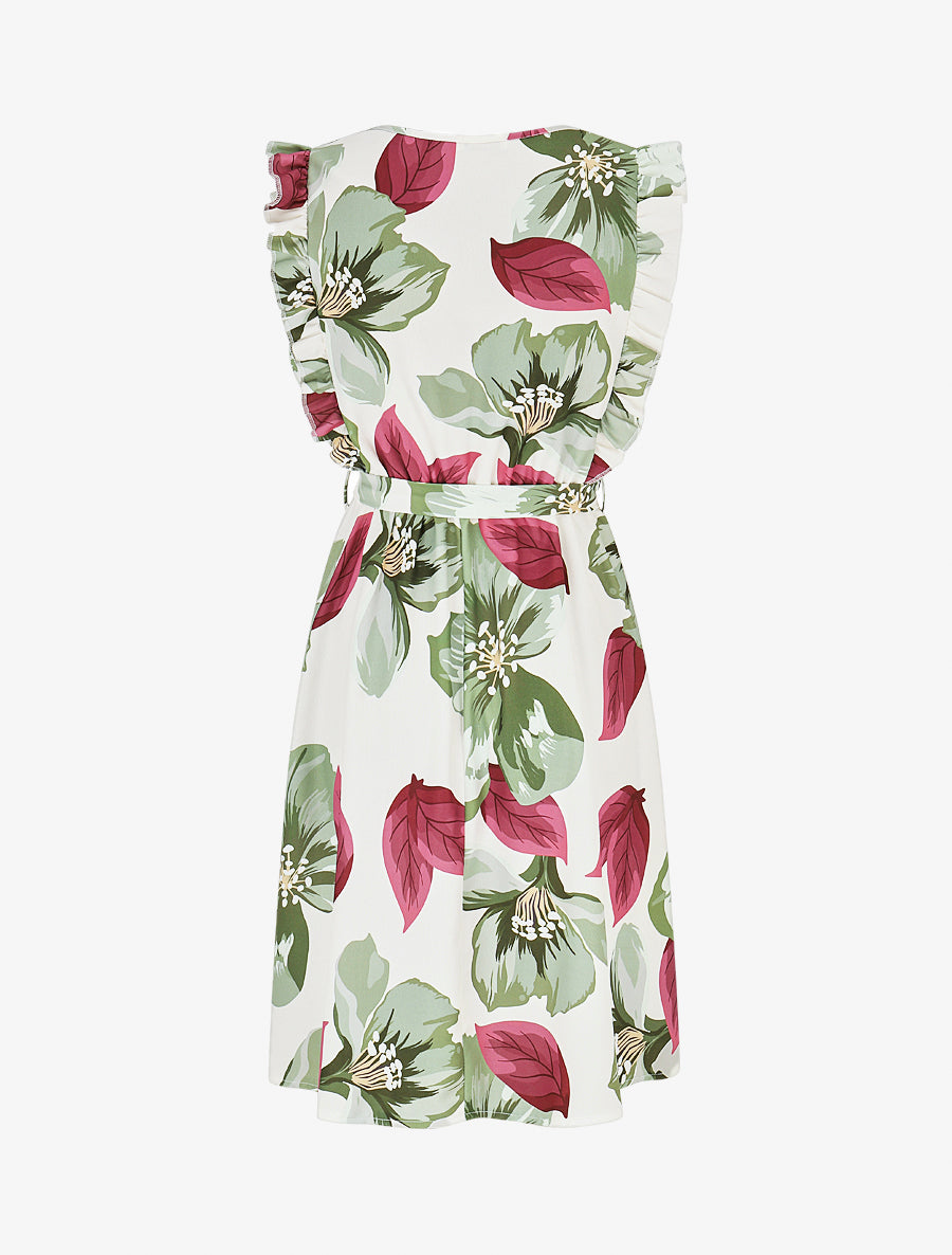 Robe mi-longue fleurie à volants - Kaki - 2