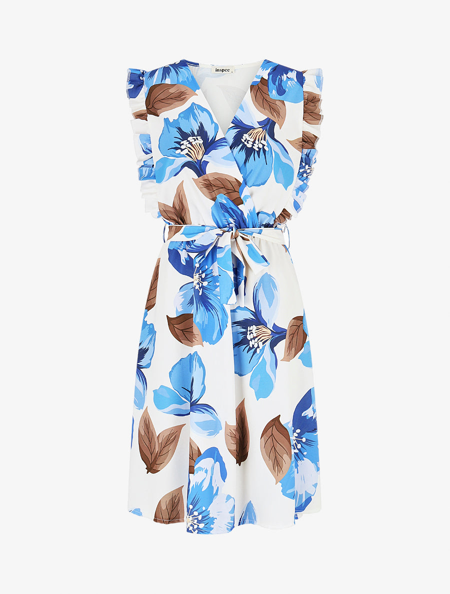 Robe mi-longue fleurie à volants - Bleu - 1