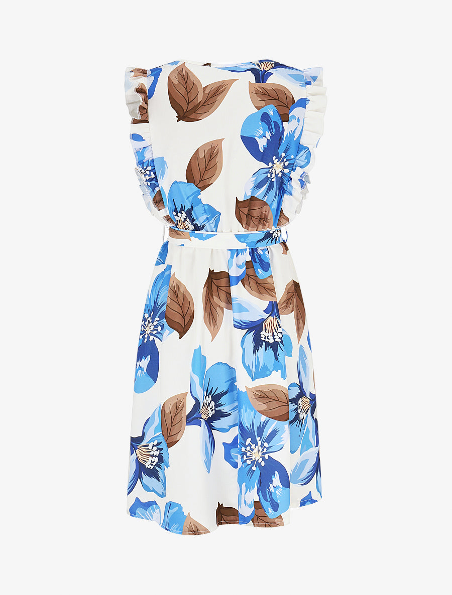 Robe mi-longue fleurie à volants - Bleu - 2