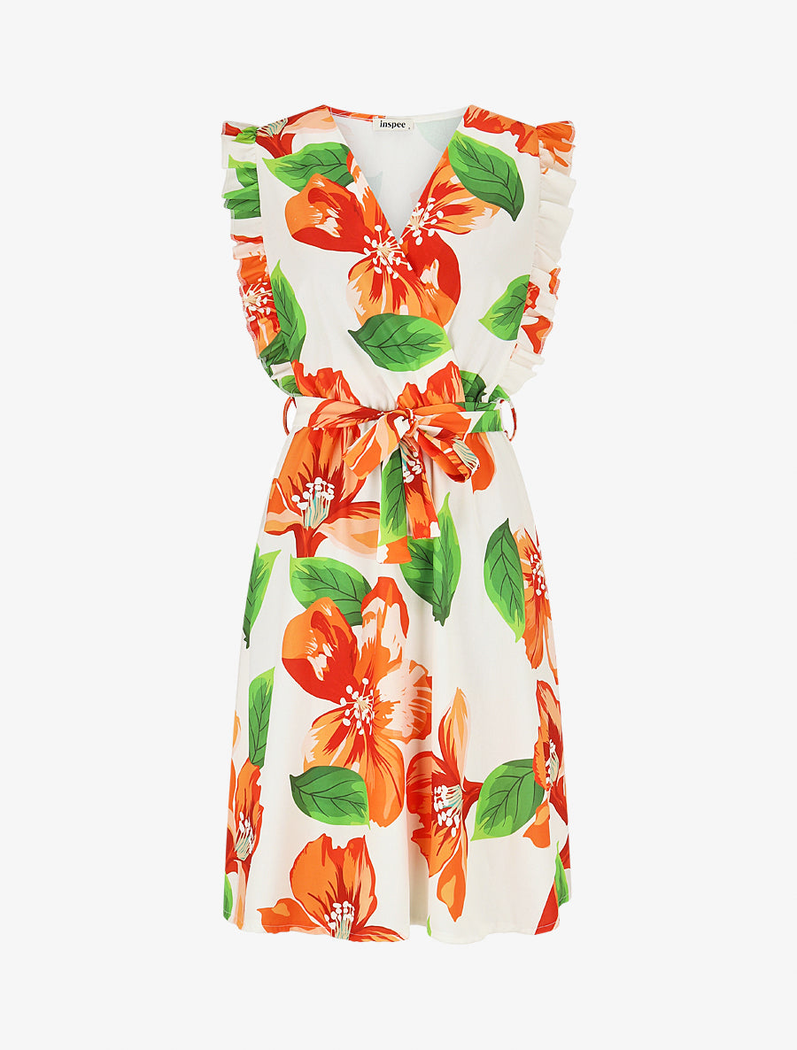Robe mi-longue fleurie à volants - Orange - 1
