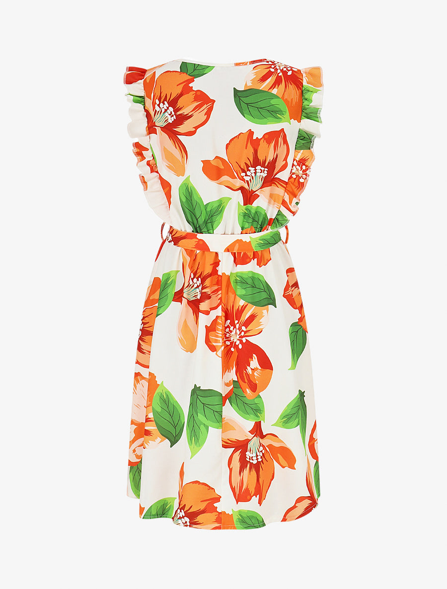 Robe mi-longue fleurie à volants - Orange - 2