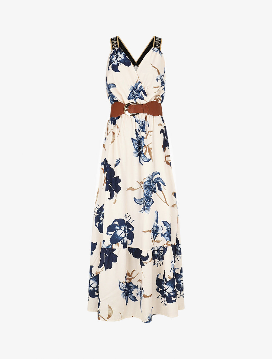 Robe longue élastiquée imprimé fleuri - Marine - 1