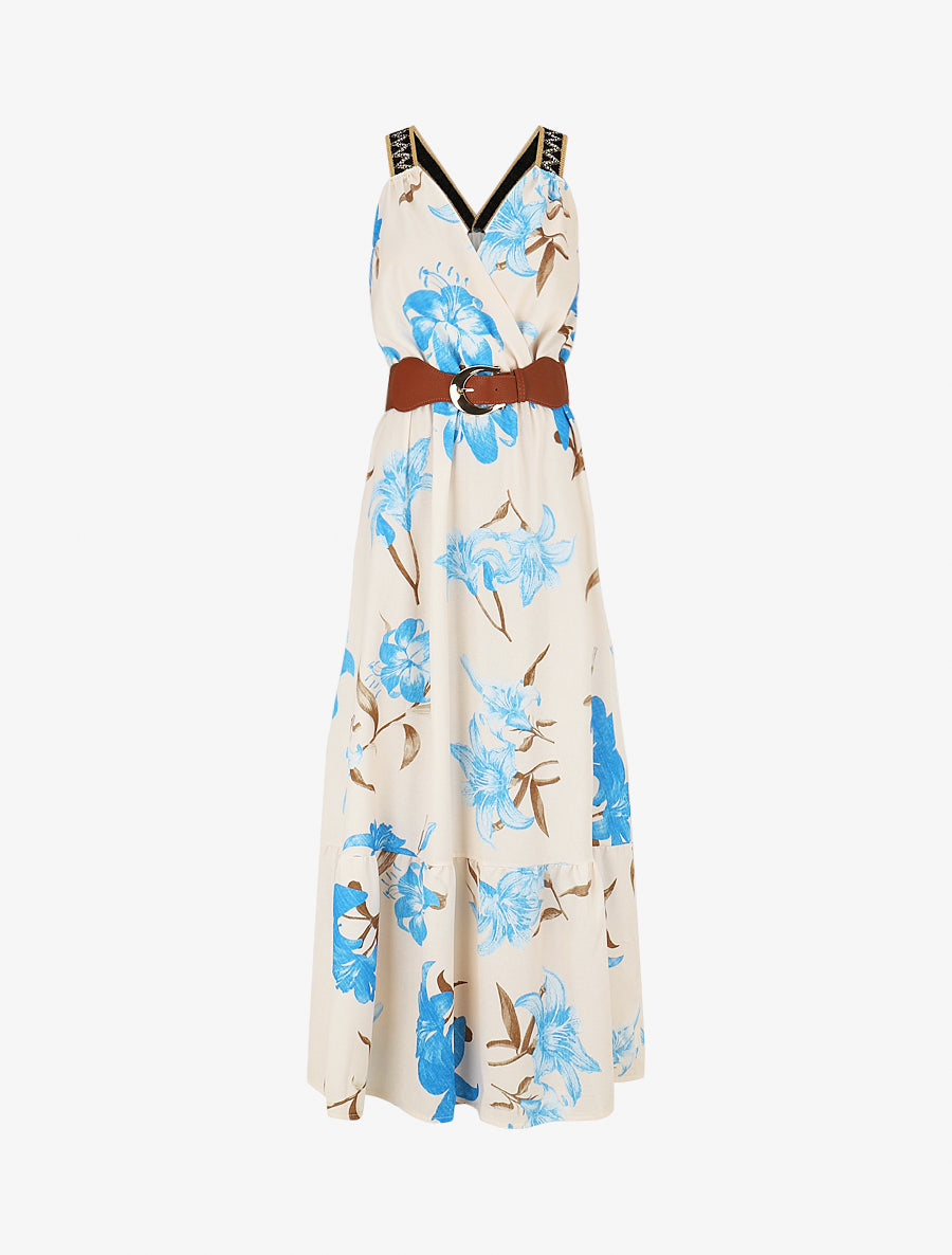 Robe longue élastiquée imprimé fleuri - Bleu - 1