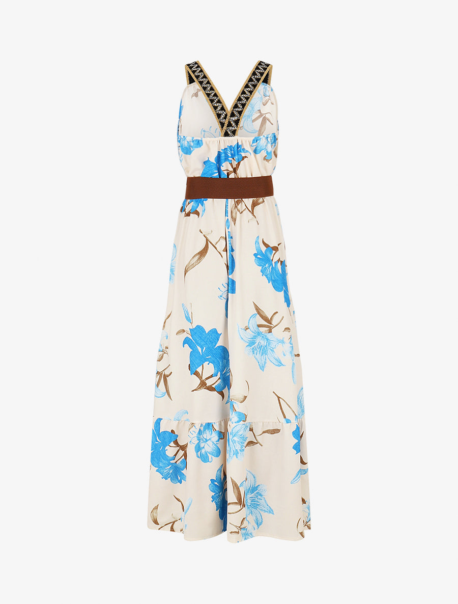 Robe longue élastiquée imprimé fleuri - Bleu - 2