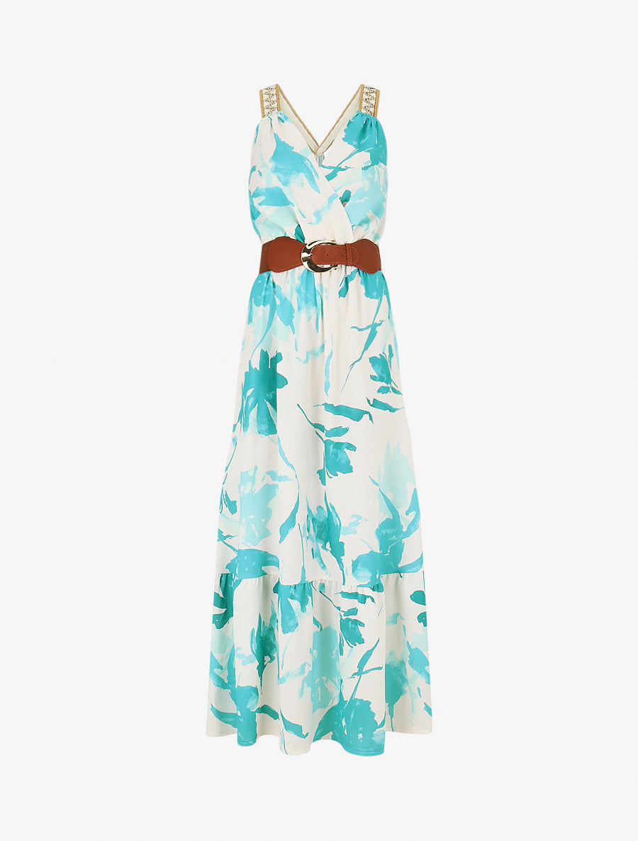 Robe longue élastiquée imprimé abstrait - Vert d&